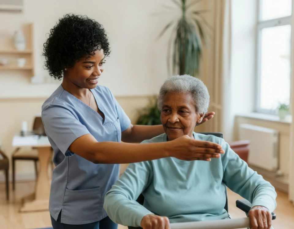 Young nurse helping older patient doing exercises for in nursing home